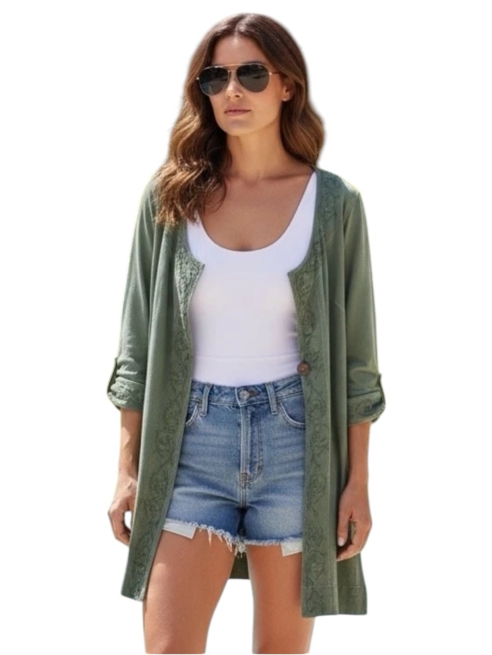 Soft Surroundings Green Embroidered Rayon Tunic Cardigan Jacket Women Small Boho